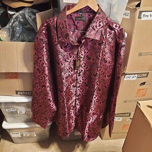 DiBanGu Men Long Sleeve Shirt Purple Paisley Button Down Silk Blend Shirt 3XL